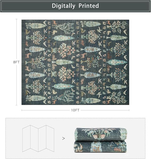 Srugn Washable Rugs 8x10 Area Rugs for Living Room,Bedroom,Dining Room- Large Ultra Soft Faux Wool Retro Carpet,Non Slip&Non-Shedding Low Pile Vintage Print Rug for Home Office Dorm-Dark Green