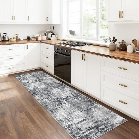 Grey Runner Rugs for Hallway: Abstract Washable Runner Rug 2x6 for Entryway Kitchen Bedroom Bathroom - Modern Cozy Home Decor Long Carpet Mat Stain-Resistant - Dark Grey