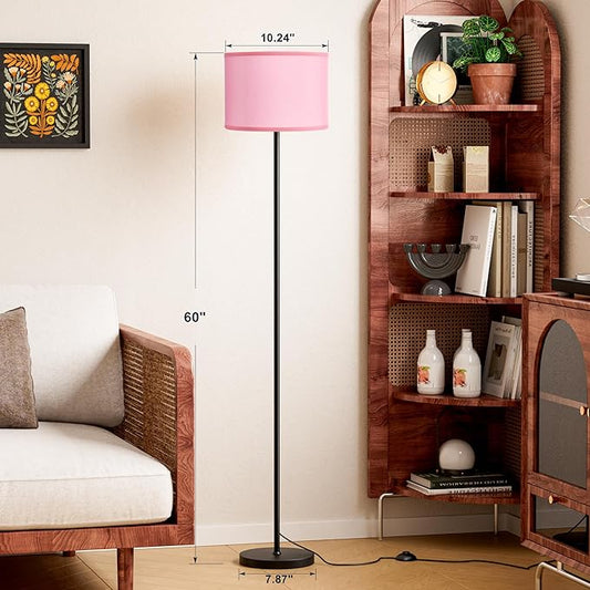 Ambimall 60'' Modern Floor Lamp with Shade, Tall Lamps for Living Room, Bedroom, Office, Dining Room, Pink Shade with Black Pole(Without Bulb)