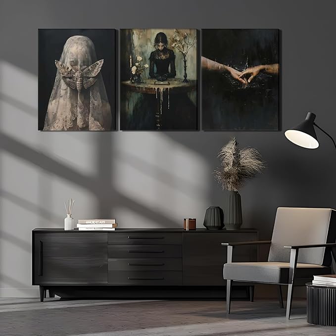 Dark Academia Wall Art, Moody Gothic Victorian Canvas Wall Decor Painting, Vintage Creepy Aesthetic Artwork Poster Prints Pictures for Living Room Bedroom 12x16 Inch Framed