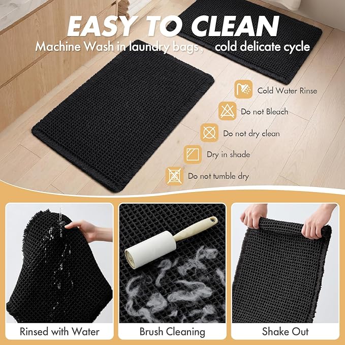 MIULEE Set of 2 Waffle Bathroom Rugs, Boho Bath Rugs Non Slip Washable, Super Absorbent Bath Mats, Ultra Soft Rubber Backed Shower Mats for Bathroom Floor, Tub, Black, 17"x24"+18"x30"