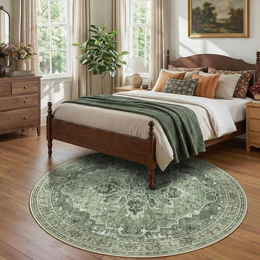 RELEANY Area Rugs Round 7ft Washable Non-Slip, Floral Vintage Distress Print Pattern Medallion Carpet for Living Room Bedroom Dining Room, Dark Green Gray