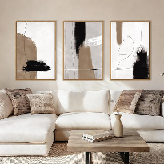 KAIRNE Abstract Neutral Framed Canvas Wall Art Set,Abstract Black Brown Wall Decor,Modern Color Blocks Art Prints,Minimalist Brush Strokes Artwork for Living Room,Bedroom,Farmhouse,Office-16 x24 x3