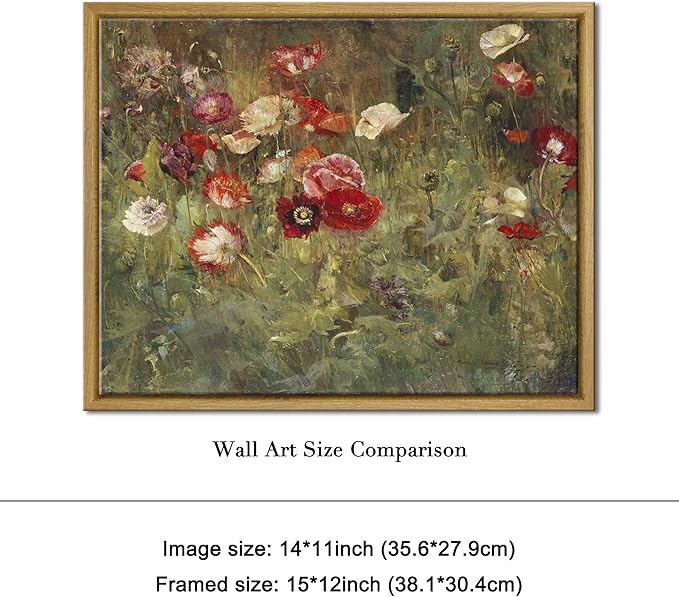 Pyradecor Vintage Wall Art Retro Home Decor Living Room Decor A Bed of Poppies Framed Canvas Wall Art Classical Floral Painting for Bedroom Office Decorations