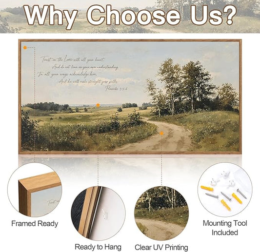 CHDITB Trust in the Lord Provervs 3:5-6 Bible Verses Wall Art Framed, Neutral Farmhouse Countryside Landscape Scripture Canvas Artwork, Large Vintage Religious Biblical Nature Scenery Field Wilderness Painting Decor for Living Room Office (40"L x 20"W)