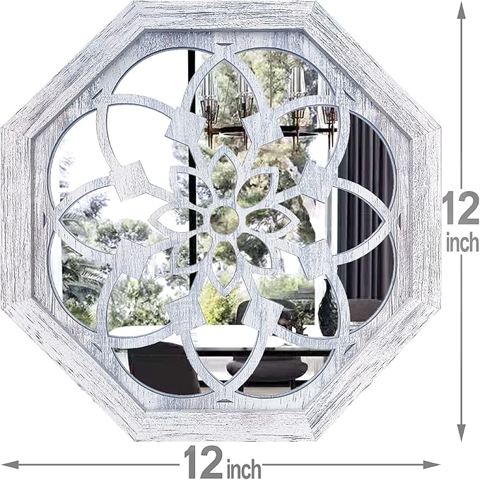 ZOLAPI 2 PCS Octagon Wall-Mounted Mirrors,Vintage Farmhouse Mirror for Wall Decor,Rustic White Color Decorative Accent Mirror for Foyer, Bathroom, Bedroom. (12”x12”)
