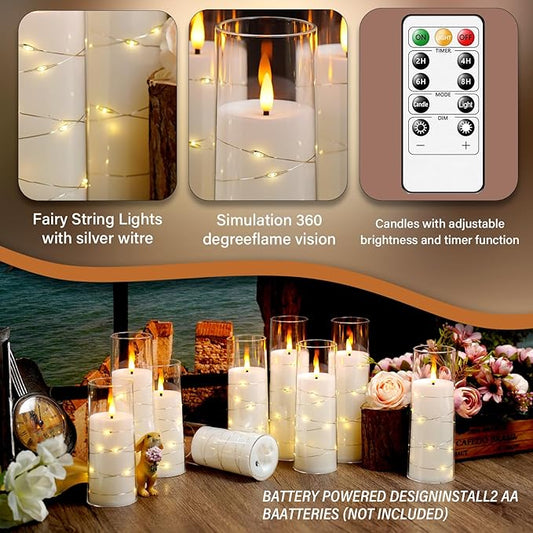 kakoya Flameless LED Candles with Timer 9 Pc Flickering Flameless Candles for Romantic Ambiance and Home Decoration Stable Acrylic Shell,with Embedded Star String,Battery Operated Candles(White)