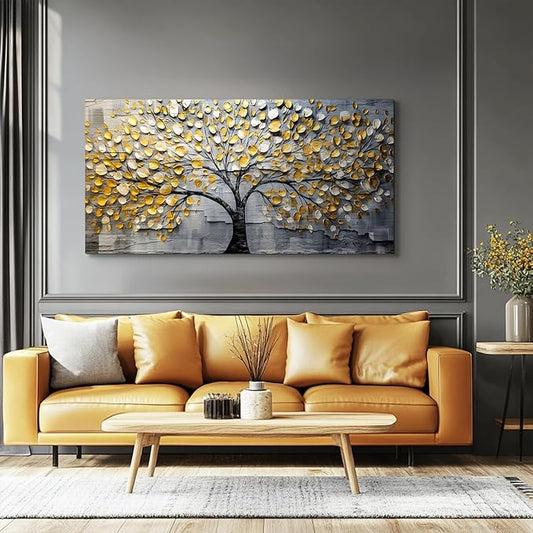 crmotu Tree of Life Large Wall Art for Living Room, Golden Tree Neutral Abstract Canvas Painting Art Prints, Nature Plant Modern Pictures Wall Decor for Bedroom Bathroom Dining Room Office 29"X57"