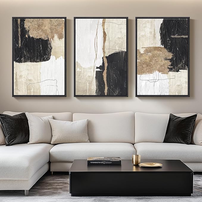 Framed Black and White Abstract Wall Art for Living Room, Large Gold 3 Piece Modern Canvas Prints Artwork for Walls, Black White and Gold Minimalist Paintings for Hallway Office Wall Decor, 24x36 Inch