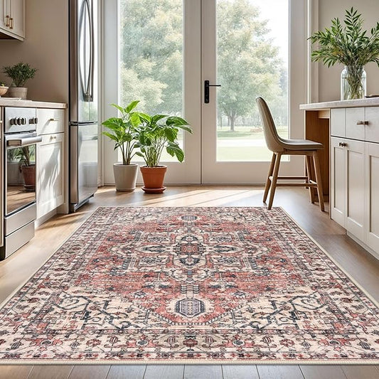 KOZYFLY Boho Area Rug 5x7 Ft Thin Washable Rugs for Living Room Faux Wool Throw Carpet Printed Non Slip Rug for Entryway Bedroom Dining Room Living Space, Red Salmon/Pink/Navy