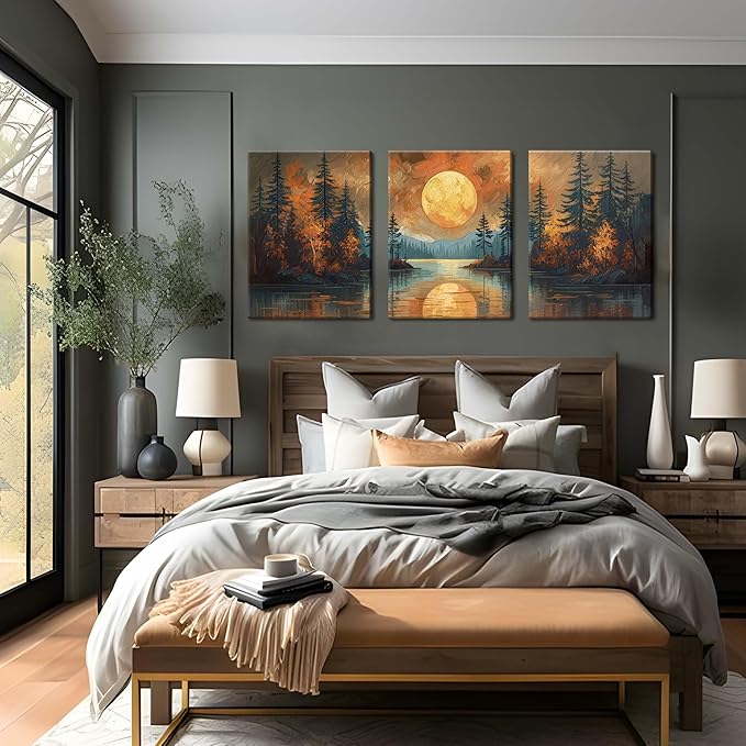 Framed Gold Mountain Forest Sunset Landscape Wall Art Set of 3, Abstract Boho Lakeside Forest Sunset Wall Decor, Vintage Nature Landscape Canvas Prints Poster for Living Room Bedroom Office 12x16 Inch