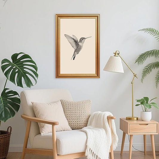 JLTULT Gold Framed Hummingbird Wall Art, Vintage Black White Sketch Wall Decor, Hummingbird Illustration Art Prints for Living Room Bedroom Office 16x24 Inches with Fade-Resistant Easy to Hang