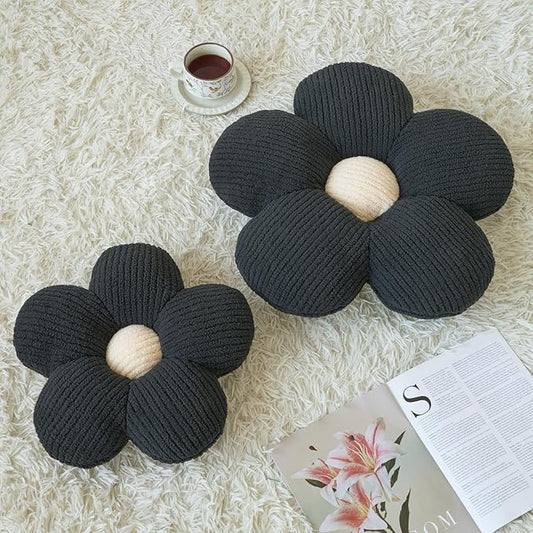 Flower Pillow, Decorative Throw Pillow for Couch, Cute Decor Pillows for Bed, Aesthetic Flower Shaped Pillow Fun Cushion (Black, 14.9 Inches)