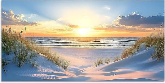 TutuBeer Beach Pictures Ocean Pictures Wall Decor White Beach with Dunes and Grass Picture Print on Canvas Ocean Seascape Paintings Canvas Art Prints Wall Decor Ready to Hang 12" x 24"