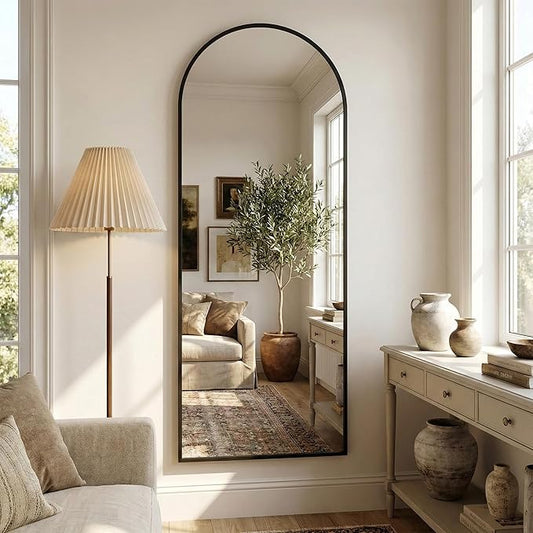 Suidia 56"x14" Arched Full Length Mirror with Stand, Full Body Mirror with Aluminum Frame, Freestanding/Leaning/Wall-Mounted, Floor Mirrors for Bedroom, Living Room, Entryway, Dressing Room, Black