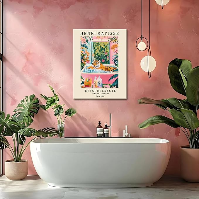 Funny Bathroom Canvas Wall Art Set of 3, Matisse Black Cat Animal Wall Decor Paintings, Cute Tiger Bathroom Pictures Posters Prints 16x24 Inch Framed