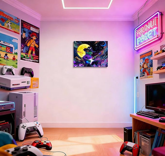 12x16 Trippy Space Purple Frog Canvas Wall Art, Watercolor Framed Outer Funny Guitar Player Kids Sci-fic Room Decor Teen Boy Bedroom Cool Posters Children Home Prints Painting for Living Room Bathroom
