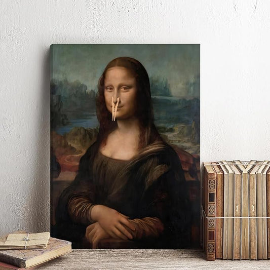 FWAHREN Funny Mona Lisa Bathroom Canvas Wall Art, Framed Vintage Painting Pictures Artwork, Black and White Mona Lisa with Clothespin Nose Poster Wall Decor for Restroom Toilet, Wrapped Canvas 12x16in