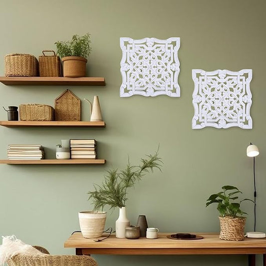 Wall Panels for Living Room & Bedroom – Hand-Carved Decorative Wood Wall Art Set of 6, 12x12" White Antique, Rustic Home Décor,Elegant Decorative Wall Art for Home & Office