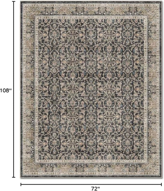 Washable 6x9 Area Rugs for Living Room, Boho Non-Slip Vintage Distress Large Rugs for Bedroom Dining Room Nursery Office, 0.3" Neutral Oriental Throw Thin Carpet, Black/Blue/Multi,A1
