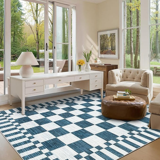 GarveeHome 9×12 Area Rugs for Living Room,Blue and White Checkered Rug, Non-Slip Washable Rugs 9x12,Soft Low-Pile Farmhouse Geometric Modern Rugs for Bedroom Dining Room