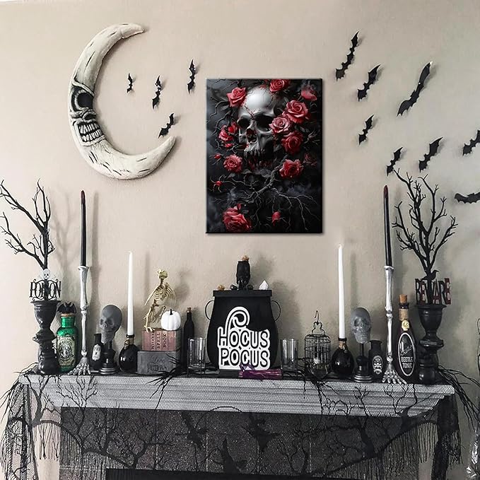 Gothic Canvas Wall Art Set of 3, Romantic Rose Halloween Wall Decor Paintings, Dark Goth Crow Skull Posters Prints for Bathroom Living Room Gallery Home Decor 16x24In Framed