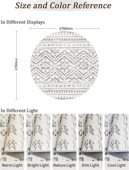 Miukiki Round Rugs 6ft for Living Room Moroccan Washable Circle Rug Non Slip Indoor Floor Carpet Foldable Area Rug for Dining Room with Low Pile(Grey,6'x6')