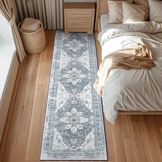 BESTSWEETIE 2x8 Area Rug Washable Rugs for Living Room, No Pile Boho Carpet for Entryway Bedroom Dinning Room, Vintage Carpet Print Distressed Non-Slip, 2 x 8 ft, Blue Grey White