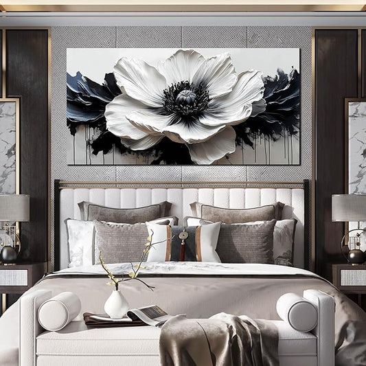 HUBOSKN Black and White Flower Wall Art for Bedroom - Large Canvas Wall Art Living Room - Floral Wall Decor for Teen Girls Size 29" x 59"