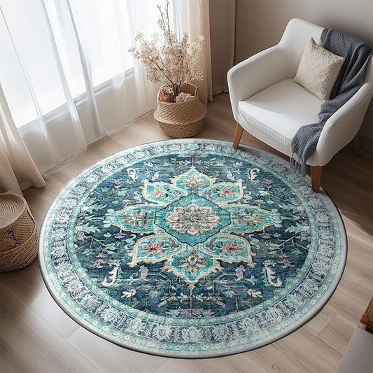 BESTSWEETIE 6ft Area Rug Washable Rugs for Living Room, No Pile Boho Carpet for Entryway Bedroom Dinning Room, Vintage Carpet Print Distressed Non-Slip, 72" Round, Teal Dark Green