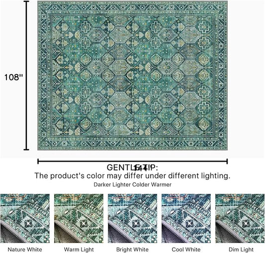 Bavni Washable Rug 9x12 Area Rug for Living Room Bedroom Dining, Washable Vintage Print Carpet, Ultra-Thin Chenille Low Pile Lightweight Rug with Non Slip Backing, Dark Green