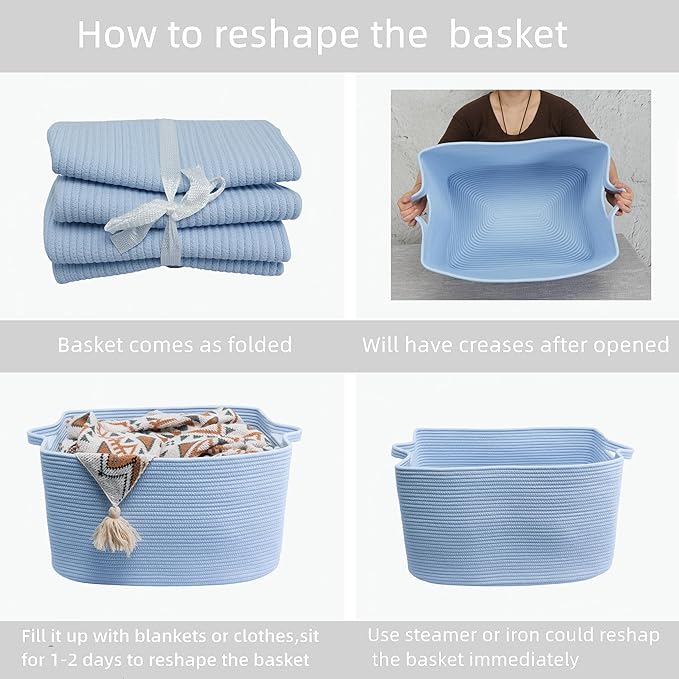 XUANGUO Large Cotton Rope Storage Basket for Blankets, 22" x 17" x 12" Rectangle Woven Basket Bin for Living Room, Nursery, Kids & Dog Toys, Laundry basket for Clothes & Towels, Blue