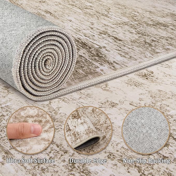 9x12 Area Rug Living Room Rugs - Washable Rug Large Modern Abstract Soft Thin Carpets Indoor Floor No Slip Vintage Carpet for Bedroom Under Dining Table Nursery Home Office Decor Beige