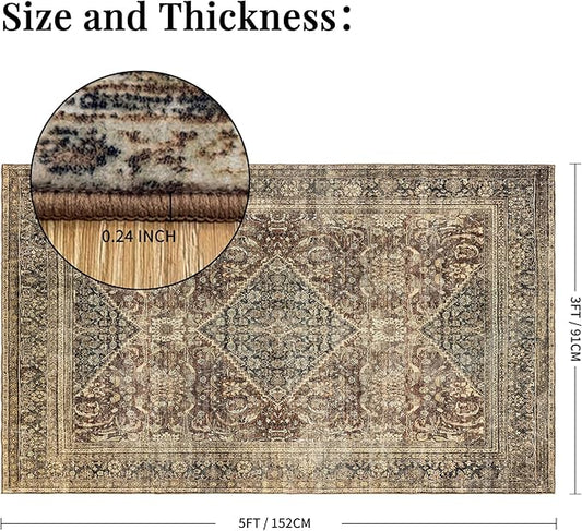 Brown 3x5 Rug Non-Slip: Washable Area Rug for Bedroom Entryway Kitchen Bathroom Indoor - Vintage Home Decor Mat Carpet - Oriental Dark Brown