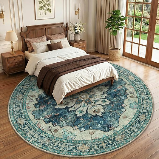RELEANY Area Rugs Round 10ft Washable Non-Slip, Floral Vintage Distress Print Pattern Medallion Carpet for Living Room Bedroom Dining Room, Dark Blue Vintage