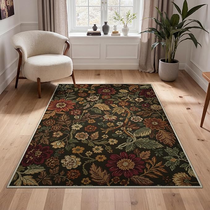 GENIMO 3X5 Washable Area Rugs for Living Room, Vintage Floral Print Non-Slip Low Pile Carpet, Stain Resistant Soft Chenille Rugs for Bedroom Dining Room Home Office, Floral Brown