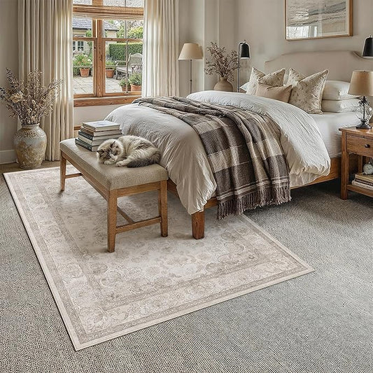 PureCozy Beige Area Rug 6x9 Washable Vintage Living Room Bedroom Carpet Non Slip Soft Low Pile Distressed Medallion Indoor Floor Retro Throw Large Rug for Dining Room Office