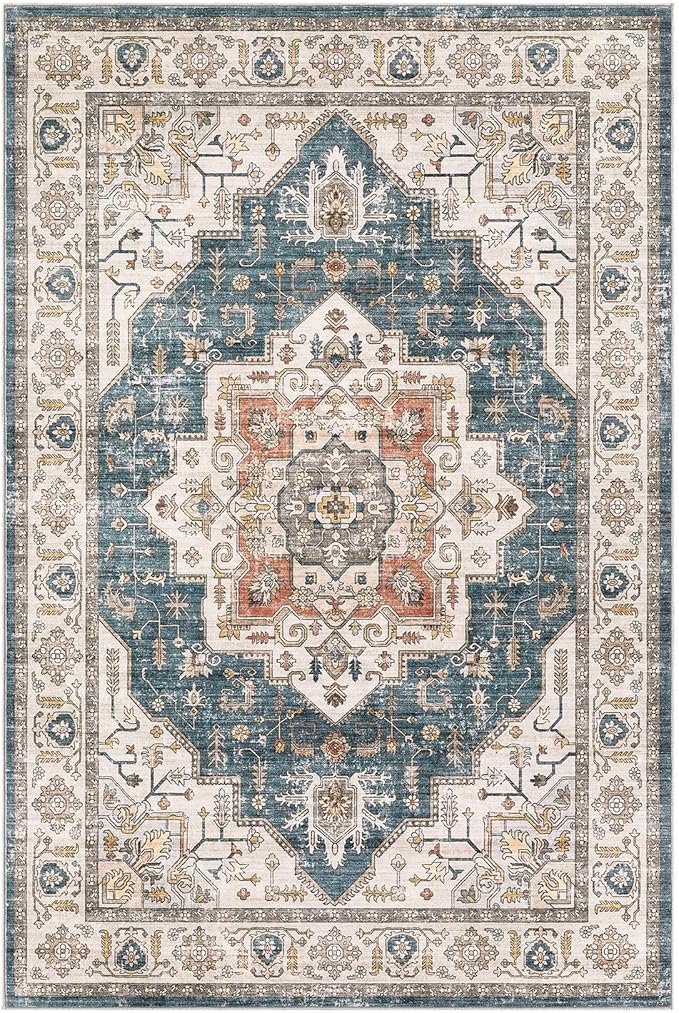 Area Rug 6x9 Washable Vintage - Soft Traditional Rugs for Living Room Large Non Slip Backing with Low Pile Farmhouse Oriental Retro Carpet for Bedroom Dining Room or Home Office - Blue