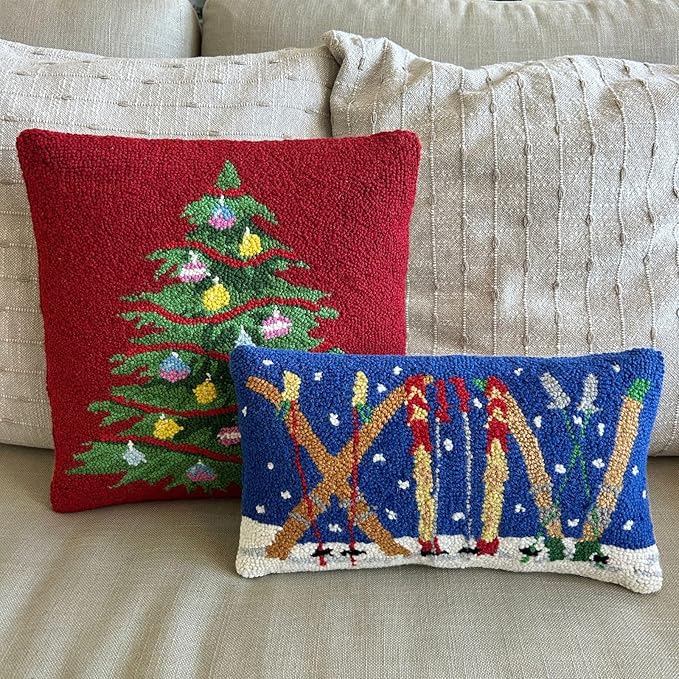 Hand Hooked Christmas Pillow - 9X16 inches Throw Pillow for Couch or Dorm (Skis)