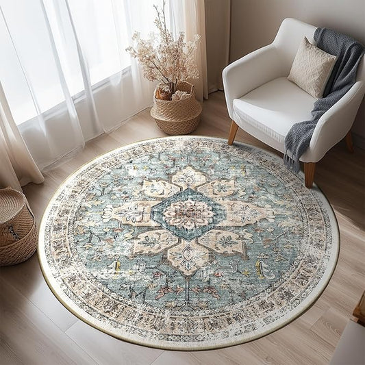 BESTSWEETIE 8ft Area Rug Washable Rugs for Living Room, No Pile Boho Carpet for Entryway Bedroom Dinning Room, Vintage Carpet Print Distressed Non-Slip, 96" Round, Green Brick Rust Red