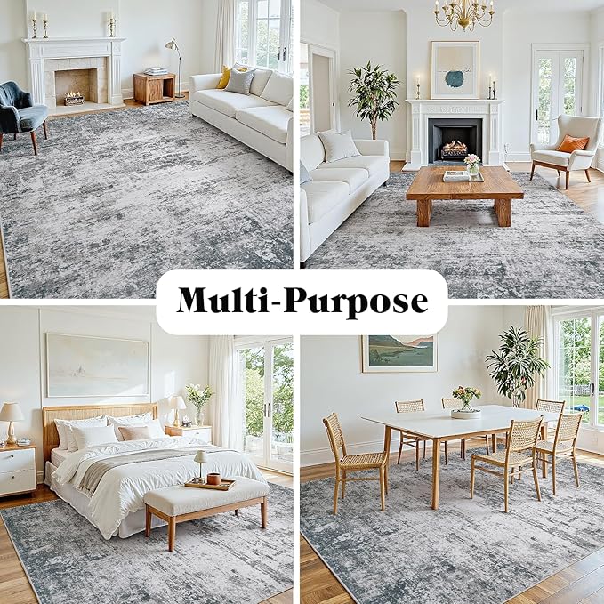 Area Rug 6x9 Living Room Rug Washable: No-Slip Abstract Soft Thin Large Gray White Rugs, Indoor Floor Stain Resistant Modern Carpet for Bedroom Dining Room Farmhouse Nursery Home Office