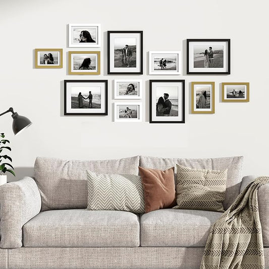 Venusmiles 12 Pack Picture Frames Collage Wall Decor, Gallery Frame Set for Wall Mounting or Tabletop Display, Multi Sizes Including 4pcs 8x10, 4pcs 5x7, 4pcs 4x6, Black+White+Gold