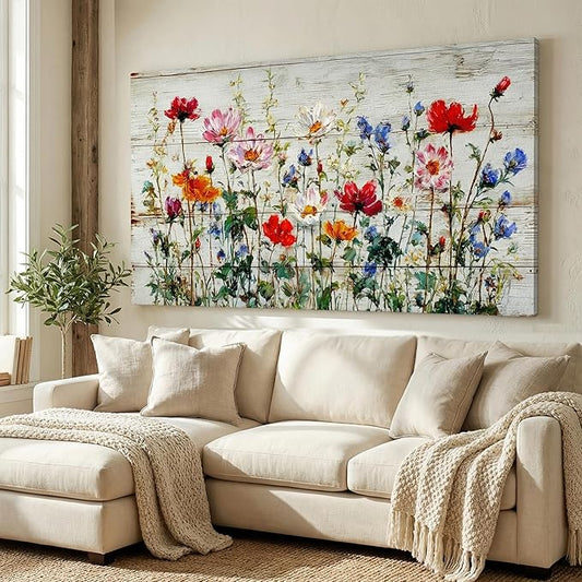 BQVCT Rustic Wildflower Canvas Wall Art 20x40 Inch on Distressed Wood Colorful Floral Print Red Pink Blue Orange Flowers Painting Farmhouse Home Decor for Living Room Bedroom