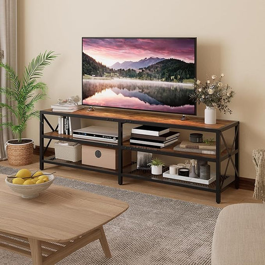 Bigbiglife TV Stand for TVs Up to 75 Inches, Industrial Entertainment Center with 3 Tier Open Shelves, TV Console Table for Living Room, Bedroom, Rustic Brown (75 inch)