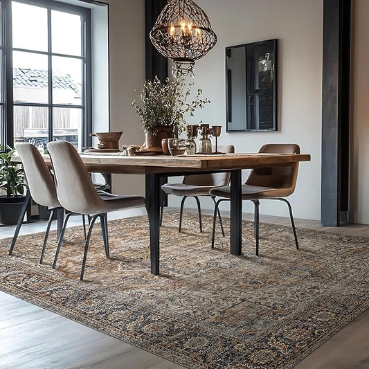 BILEEHOME Brown Rug for Living Room 8x10 Washable Organic Rustic Western Area Rugs for Cabin,Brown and Teal Blue