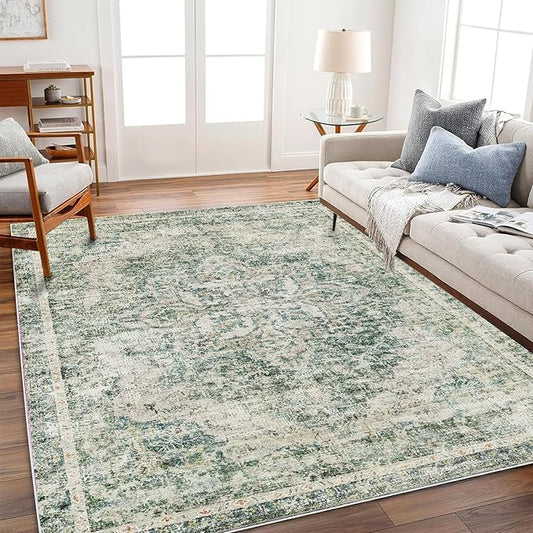 CHAMPLANT Washable Area Rug 3'x5' Vintage Traditional Floor Cover Foldable Thin Rugs Retro Kitchen Indoor Distressed Non Slip Carpet Floral Print Mat Bedroom Living Room