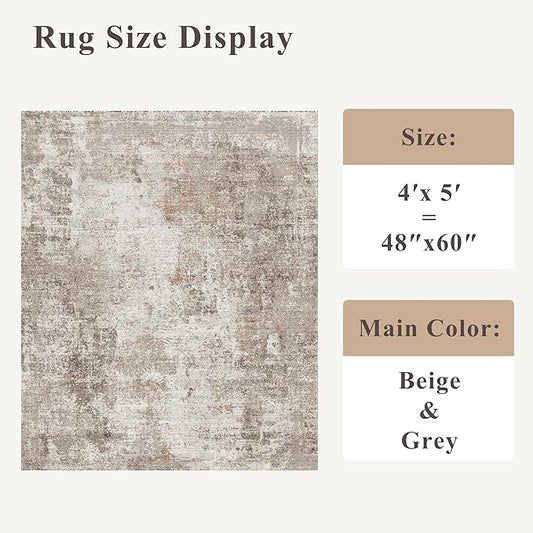 4x5 Washable Area Rugs for Entryway - Non-Slip Low-Pile Indoor Carpet with Rubber Backing for Kitchen, Bathroom,Bedroom, Living Room, Modern Abstract Neutral Soft Mat (Beige Grey)