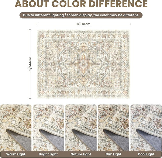 zesthome 8x10 Area Rugs - Stain Resistant Washable Rug for Living Room, Non-Slip Backing Large Area Rug with Ultra-Thin Low Pile for Bedroom, Vintage Home Decor