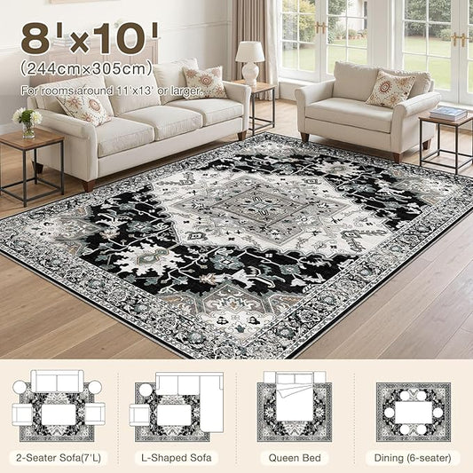 8x10 Washable Area Rugs for Living Room: Non Slip Vintage Black Rug, Large Soft Stain Resistant Indoor Floor Carpets for Bedroom Dining Room Nursery Home Office Kid & Pet Friendly