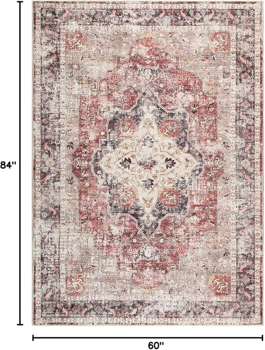 YOH Boho Washable Rug 5x7, Rust Red Vintage Non Slip Area Rug, Distressed Indoor Carpet for Living Room Bedroom Kitchen Office